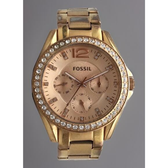 Fossil Riley Watch Womens 40mm Crystal Date ES2811 Rose Gold Tone New Battery - Picture 1 of 8
